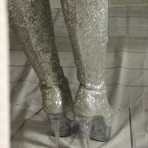 NIB NWOT Pleaser Knee Hi Delight 2020 Silver Glitter Boot Lace Up Inner Zip SZ 8 - Picture 6 of 16
